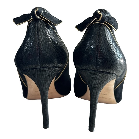 Oscar de la Renta Suede Leather Pumps Heels Bow Accent Black Size 41 EU/10 US - Picture 6 of 12